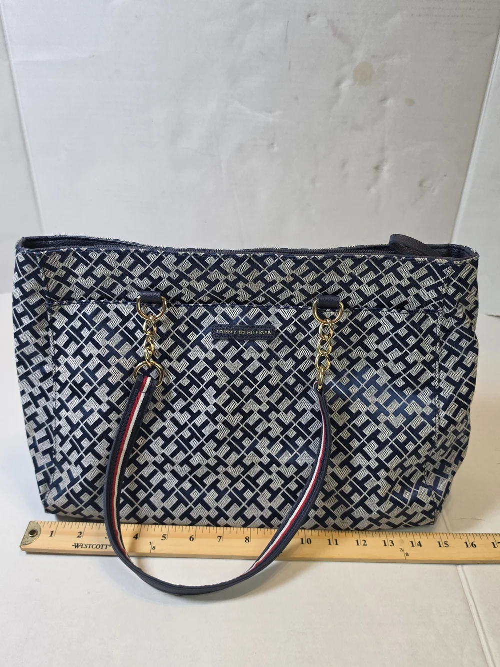 Tommy Hilfiger Monogram Jaquard Tote Geometric Shoulder Straps Gold Chain Accent